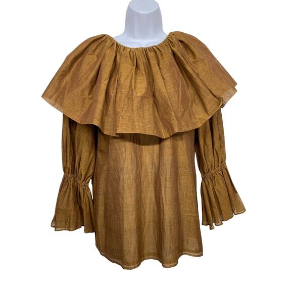 Shannon McLean Women's size S Bronze Ruffle Neck 3/4 Sleeve Designer Top - Picture 1 of 7
